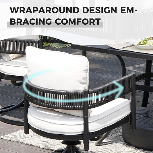 Grand patio 5-Piece Outdoor Dining Set for 4, Metal Woven Wicker Swivel Patio Chairs with Thickened Cushions & 1 Square Woodgrain Dining Table with Umbrella Hole for Backyard Deck (Black)