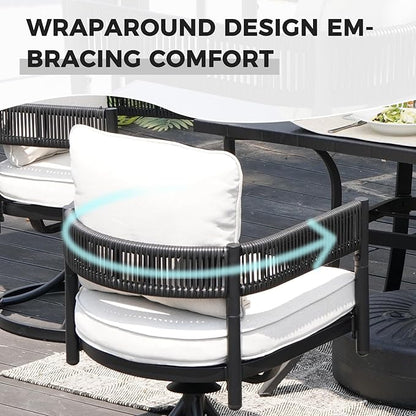 Grand patio Outdoor Dining Set for 6, 7 PCS Patio Table and Chairs Set, Metal Woven Wicker Swivel Patio Chairs with Thickened Cushions & 1 Rectangular Woodgrain Dining Table with Umbrella Hole (Black)