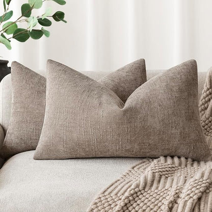 Foindtower Set of 2 Textured Chenille Throw Decorative Pillow Covers Square Accent Solid Cushion Cover Neutral Farmhouse Lumbar Pillow Case for Couch Sofa Bedroom Living Room 12x24 Inch,Light Taupe