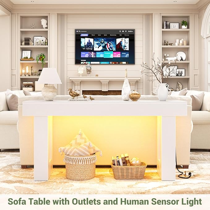 Unikito 63'' Farmhouse Console Table with Power Outlets and Sensor Light, Wooden Entryway Table with Storage, Rectangular Sofa Tables Behind The Couch for Entrance, Hallway, Living Room, White