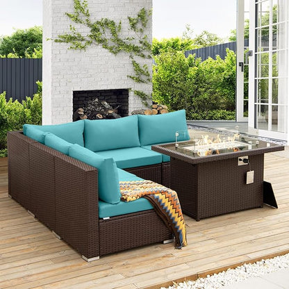 NICESOUL 6 Piece L-Shaped Patio Furniture Set with Fire Pit Table Natural Gas/Propane, 29.3'' High-Back Deep Wide Seat Outdoor Conversations, XL Big Fireplace Couches, Brown Rattan and Teal Cushion