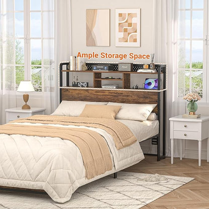 Unikito Headboard for Full Size Bed with Storage Shelf, Head Board with 3 Outlets and 2 USB Ports, Headboards with RGB LED Light, Height Adjustable, Sturdy and Stable, Easy Assembly, Rustic Brown