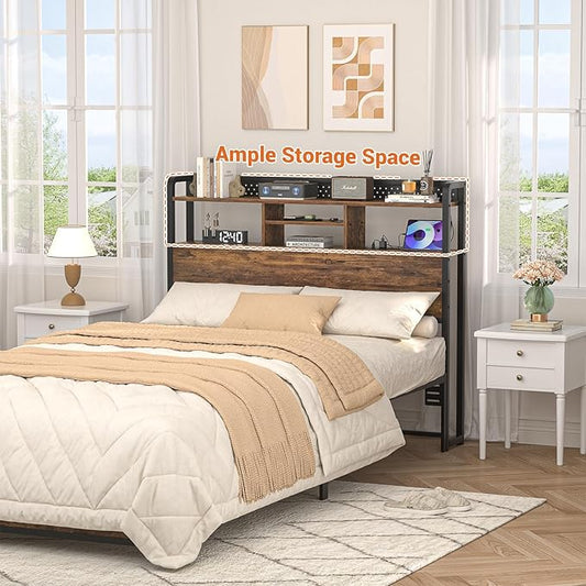 Unikito Headboard for Full Size Bed with Storage Shelf, Head Board with 3 Outlets and 2 USB Ports, Headboards with RGB LED Light, Height Adjustable, Sturdy and Stable, Easy Assembly, Rustic Brown