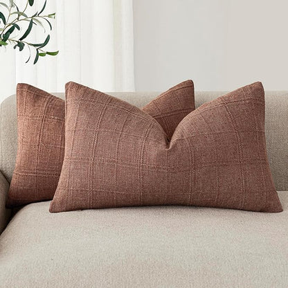 Foindtower Set of 2 Decorative Linen Check Throw Pillow Covers Neutral Farmhouse Lumbar Cushion Covers Modern Boho Home Decor for Sofa Chair Couch Bedroom Living Room,12×20 Inch,Autumnal Red