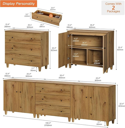 WAMPAT Sideboards Buffet Cabinet, 3-in-1 Wood Wide Credenza Storage Cabinet with 4 Doors and 3 Drawers, Modern Kitchen Coffee Bar Table with Storage for Living Room Dining Room, Oak Brown