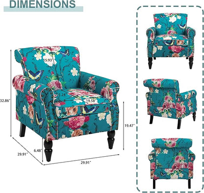 Accent Chair, Upholstered High Back Floral Armchair with Nailhead Trim & Wood Legs, Comfy Wingback Reading Single Sofa Chair for Small Spaces, Living Room, Bedroom (Blue Floral, Set of 2)