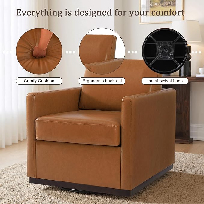 UIXE Faux Leather Swivel Accent Chair, Upholstered Armchair Comfy Club Chair for Living Room, Mid Century Modern Arm Chair Single Sofa Nook Bedroom Side Reading Seat - Light Brown