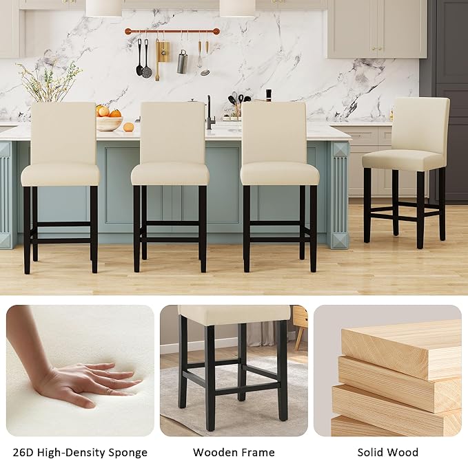 LSSPAID Bar Stools Set of 2, 24.8 Inch Upholstered Fabric Counter Height Stools, Modern Kitchen Island Wood Bar Chairs Barstools with Backrest and Solid Wood Legs, Beige