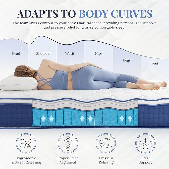 Twin XL Mattress, 10 Inch Twin XL Size Hybrid in a Box, Medium Feel Foam and Individual Pocket Springs, Fiberglass Free Bed, Extra Edge Support, Pressure Relief, CertiPUR-US, Blue