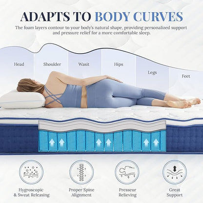 King Size Mattress, 10 Inch Hybrid Mattress King Size, Medium Feel Foam and Individual Pocket Springs, Extra Edge Support, Pressure Relief, CertiPUR-US, Blue