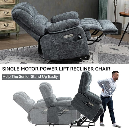 Power Lift Recliner Chair for Elderly with Heat Function, 8 Node Massage with 3 Selectable Modes, Oversized Electric Lift Recliner Single Sofa for Living Room with USB, Blue-Grey