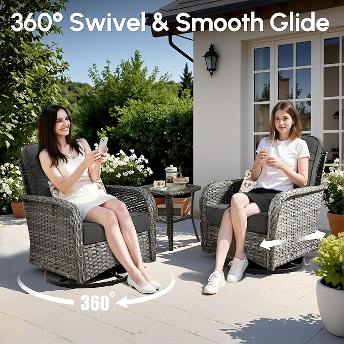 5 PCS Patio Outdoor Furniture Set with Swivel Rocking Chairs,All Weather Wicker Rattan Patio Seating Sofa and Chairs Set,Outdoor Conversaiton Sets for Deck Yard Prrch Garden Poolside,Black
