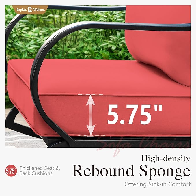 Sophia & William Patio Furniture Sets for 5 Outdoor Metal Conversation Sets 5 Pcs with 2 x Cushioned Swivel Sofa Chairs, 2 x Ottomans as Coffee Table, 1 x 3-Seat Sofa, Lawn Backyard Poolside Red