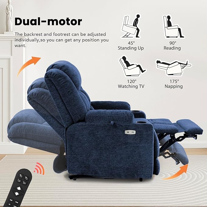 EONIX Dual Motor Lay Flat Power Lift Recliner Chair for Elderly, Electric Recliner Lift Chair for Adults with Cup Holders, 400lbs Heavy Duty Power Lift Sofa with Heat and Massage, Navy Blue