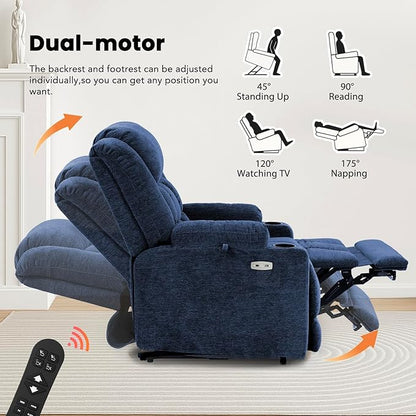EONIX Dual Motor Lay Flat Power Lift Recliner Chair for Elderly, Electric Recliner Lift Chair for Adults with Cup Holders, 400lbs Heavy Duty Power Lift Sofa with Heat and Massage, Navy Blue