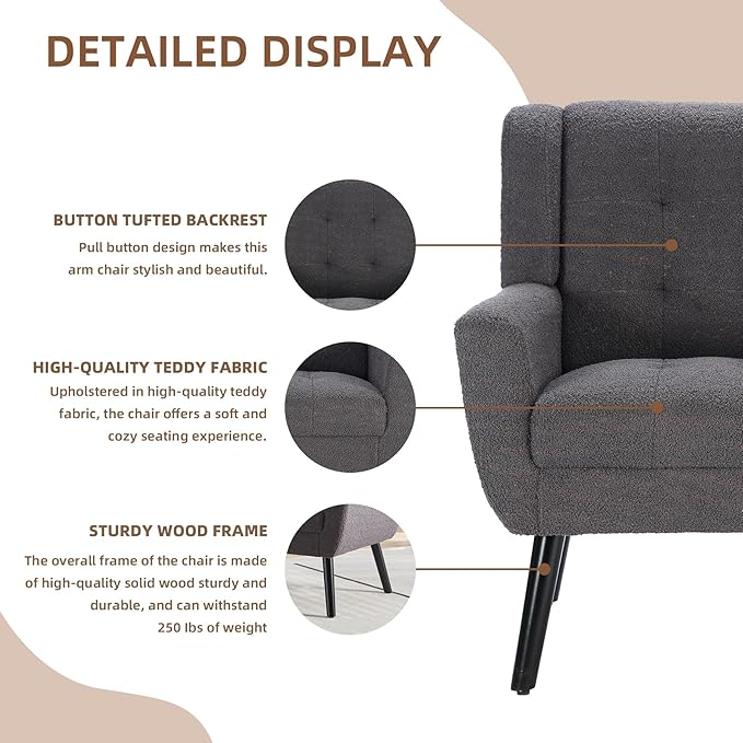 Dolonm Midcentury Modern Teddy Accent Chair with Arms, Upholstered Reading Side Chair Tufted Back Decorative Wingback Chair for Living Room Bedroom (Grey)