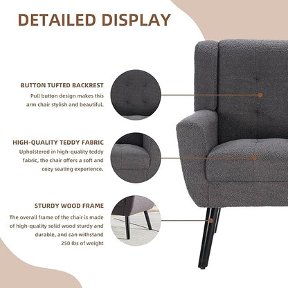 Dolonm Midcentury Modern Teddy Accent Chair with Arms, Upholstered Reading Side Chair Tufted Back Decorative Wingback Chair for Living Room Bedroom (Grey)
