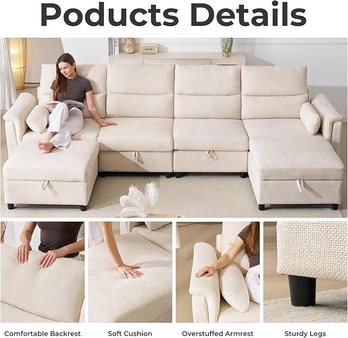 132'' Oversized Modular Sectional Sofa, U Shaped Cloud Couch with Large Storage, Extra Deep Seat, Modern Chenille Sofa with Chaise, 6 Seat Convertible Couches for Living Room, Beige