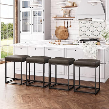 ALPHA HOME 24 Inch Counter Height Bar Stools Set of 4, Upholstered Bar Stools for Kitchen Island, Counter Stools with Faux Leather Cushion and Sturdy Metal Frame, Modern Barstools, Grey