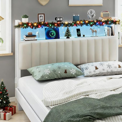 VINGLI Full Size Headboard Only, Adjustable Upholstered Headboard with 2 Tier Shelves and Pegboard with Charging Stations and LED Lights, Modern Bed Headboard with Storage for Bedroom Decor