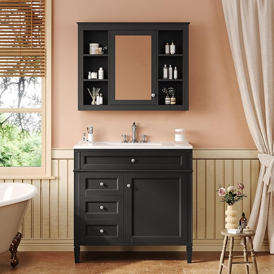 36" Bathroom Vanity with Matching Medicine Cabinet, Modern Sink Storage Cabinet with Drawers, Soft Closing Doors and Shelf, Bathroom Vanities with Sink & Mirror