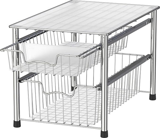 Simple Houseware Stackable 2 Tier Sliding Basket Organizer Drawer, Chrome