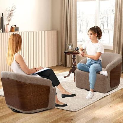 Swivel Accent Chair Faux Leather Boucle Swivel Barrel Chair Comfortable Mid Century Modern Chair Upholstered Metal Base Armchair for Living Room Bedroom Office Large Vintage Gray