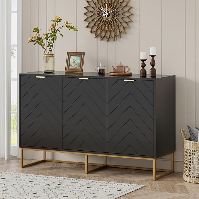 Scurrty Sideboard Cabinet with 3 Doors Buffet Cabinet with Adjustable Shelf, Storage Buffet with 3 Doors (Black)