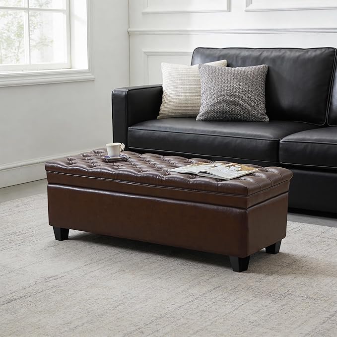 50" Faux Leather Storage Ottoman Bench, Rectangular End of Bed Storage Bench, Upholstered Large Tufted Ottoman with Storage for Living Room, Bedroom, Entryway,Dark Brown