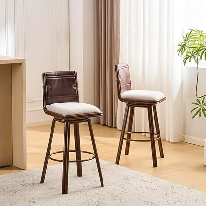 Christopher Knight Home Sibyl Fabric Upholstered Counter Height Bar Stools Set of 2, Metal Stool Chair for Kitchen Island with Faux Leather Backrest, Armless Counter Stool with Footrest, Beige+Walnut