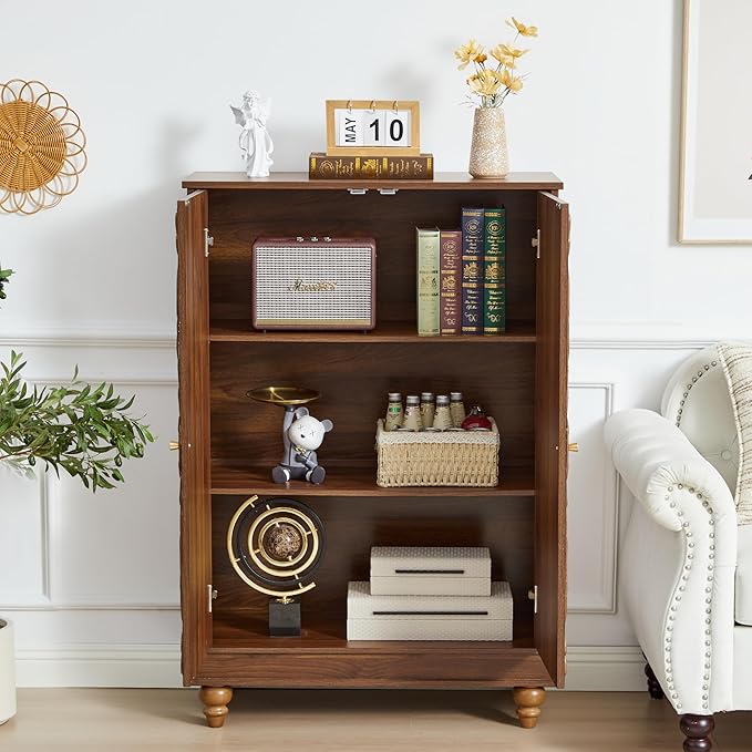 Sideboard Buffet Cabinet with Storage, Kitchen Storage Cabinet with Adjustable Shelves and 2 Doors, Vintage Accent Table for Living Room, Hallway (Walnut)
