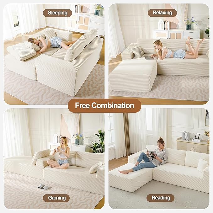 106" Cloud Modular Sectional Sofa Couch with L-Shape Chaise,Modern Boneless Sectional Couch with Deep Seat,Upholstered Couches for Living Room Bedroom,No Assembly Required,Beige