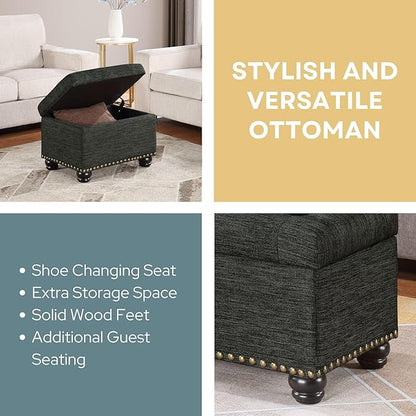 Convenience Concepts Designs4Comfort 5th Avenue Upholstered Storage Ottoman 24" - Contemporary Foot Stool and Seat with Hinged Lid for Living Room, Dining Room, Office, Den, Dark Charcoal Gray Fabric
