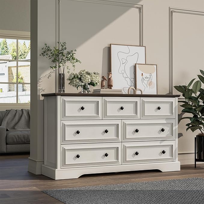 Farmhouse 7 Drawer Dresser for Bedroom, 54" Wide Wooden Dresser with Natural Texture & Vintage Metal Knobs, Large Chest of Drawers for Bedroom, Living Room, Hallway, Antique White