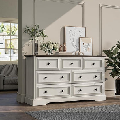 Farmhouse 7 Drawer Dresser for Bedroom, 54" Wide Wooden Dresser with Natural Texture & Vintage Metal Knobs, Large Chest of Drawers for Bedroom, Living Room, Hallway, Antique White