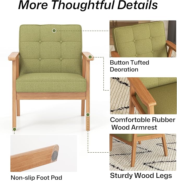 Modern Accent Chair with Arm Rest, Upholstered Linen Fabric Leisure Chair Comfy Side Chair with Backrest Button and Wooden Frame for Living Room Bedroom Reading(Green)