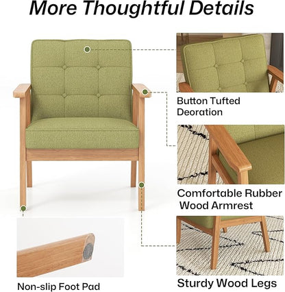 Modern Accent Chair with Arm Rest Set of 2, Upholstered Linen Fabric Leisure Chair Comfy Side Chair with Backrest Button and Wooden Frame for Living Room Bedroom Reading(Green)