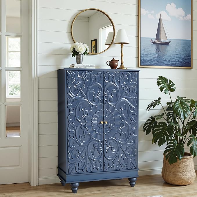 Sideboard Buffet Cabinet with Storage, Kitchen Storage Cabinet with Adjustable Shelves and 2 Doors, Vintage Accent Table for Living Room, Hallway (Blue)