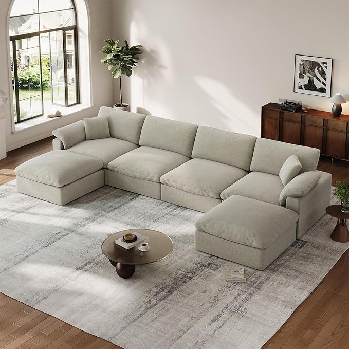 Cloud Modular Couch for Living Room,U Shape Linen Blend Sofas,Modern Deep Seat Cloud Sofas,Convertible Comfort Down Filled Sectional Couches,Removable Washable Cushion Covers,Light Biege