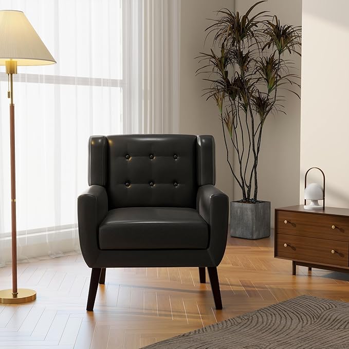 Accent Chair, Mid-Century Modern PU Leather Chairs with Arms for Living Room, Comfy Upholstered Club Single Sofa Armchair for Bedroom Waiting Room with Solid Wood Frame（Leather Black, Set of 1)