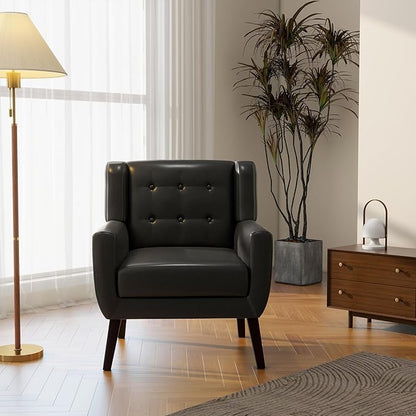Accent Chair, Mid-Century Modern PU Leather Chairs with Arms for Living Room, Comfy Upholstered Club Single Sofa Armchair for Bedroom Waiting Room with Solid Wood Frame（Leather Black, Set of 2)