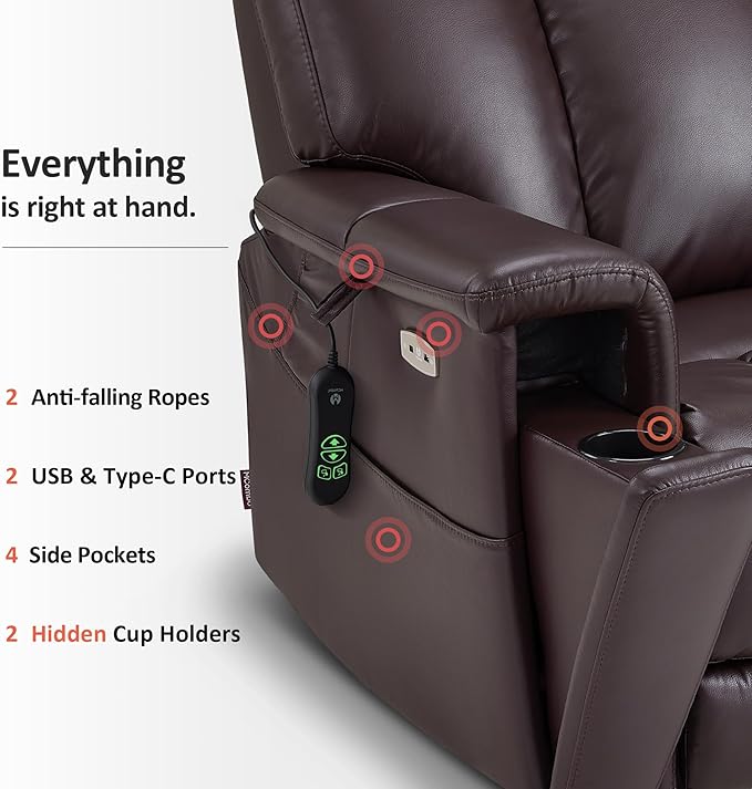 MCombo Heavy Duty Lift Chair for Elderly, Extra Wide Dual Motor Power Lift Recliner 450lbs with Hidden Cup Holders, USB Charging, Breathable Faux Leather R7777 (Dark Brown)