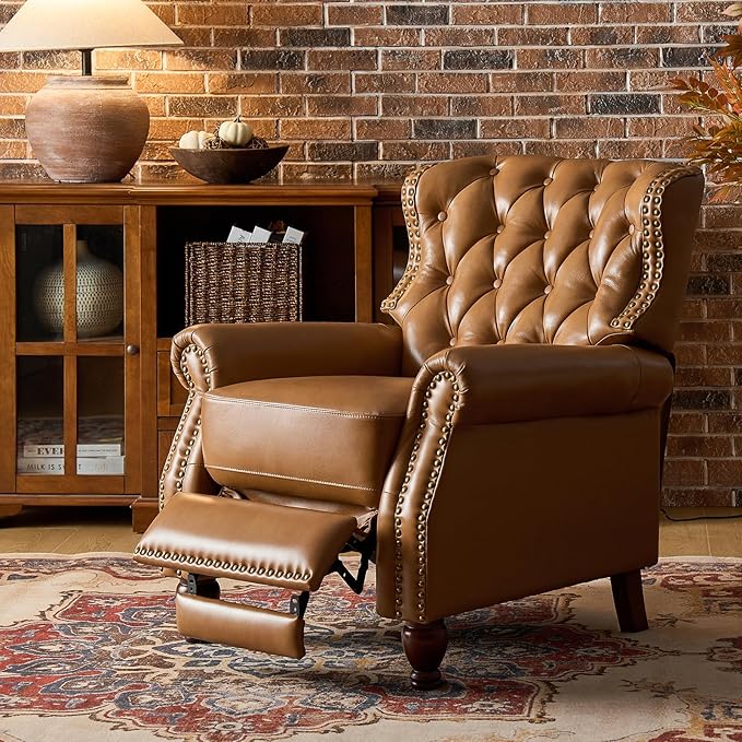 HULALA HOME Genuine Leather Recliner Chair Set of 2 w/Solid Wood Legs, Modern Adjustable Tufted Push Back Arm Chair w/Rivet Decoration, Home Theater Seating Reclining Sofa for Living Room, Camel