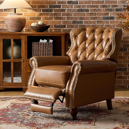 HULALA HOME Genuine Leather Manual Recliner Chair, Adjustable Tufted Push Back Reclining Sofa Armchair with Rivet Decoration & Solid Wood Legs, Modern Living Room Home Theater Seating, Camel
