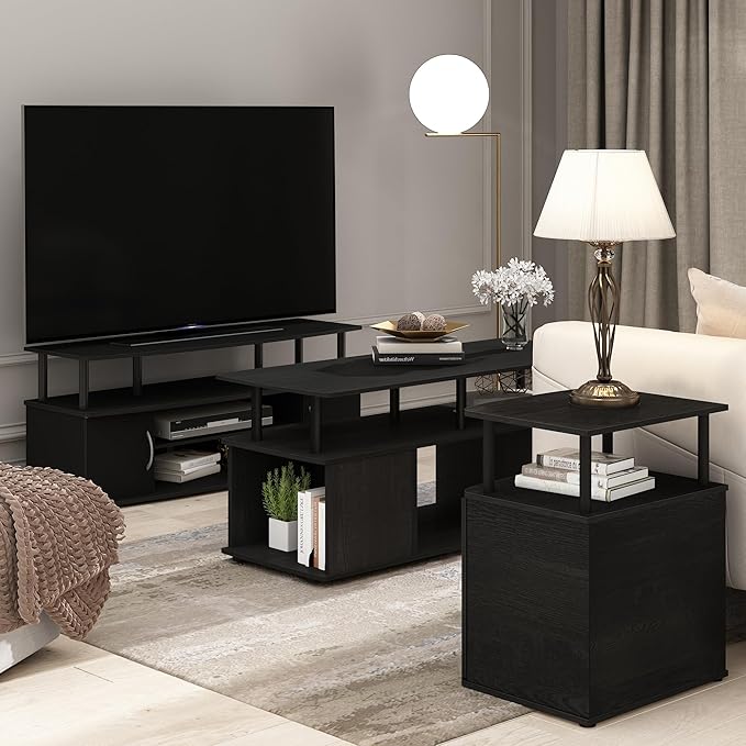 Furinno Jaya Coffee Table, Rectangle Modern Coffee Table with Open Shelf, Side Table with Side Storage, for Living Room, Bedroom, Home Office, Black