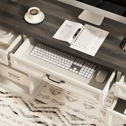 CARPETNAL 58'' Farmhouse Executive Desk with Drawers, Home Office Desk with File Drawer and Storage Cabinet, Rustic Computer Desk for Working, Studying, Writing, White