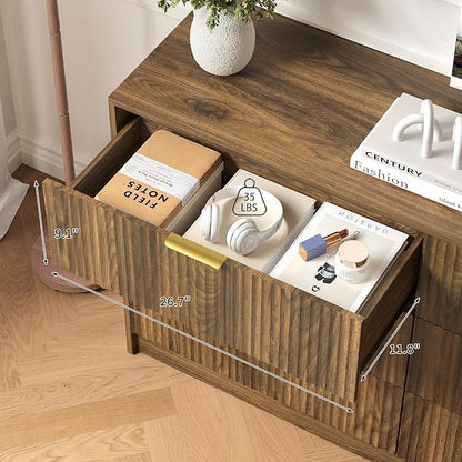 3-Piece Modern Bedroom Furniture Set, Wide 6-Drawer Dresser & 2-Drawer Nightstands Set of 2, Natural Wood Dresser and Nightstand Sets for Bedroom, Hallway, Walnut
