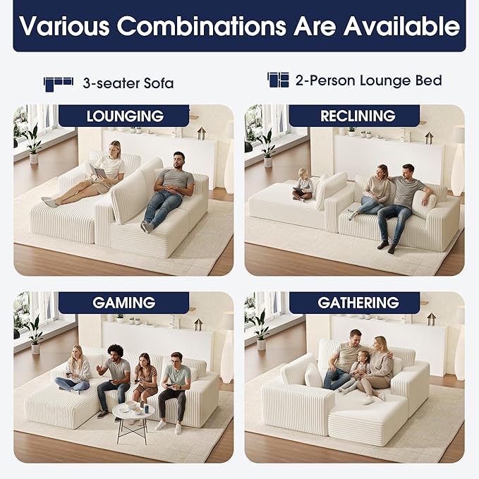 KINGYES 107'' Modular Sectional Sofa, L Shaped Cloud Couch for Living Room, Modern Plush Corduroy Boneless Sofa with Chaise for Bedroom, Beige