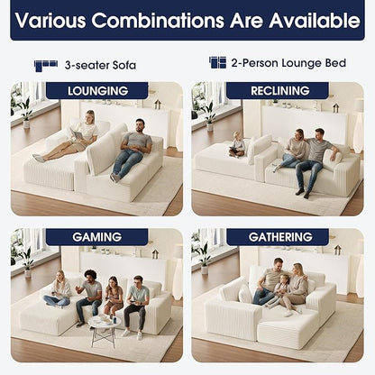 KINGYES 107'' Modular Sectional Sofa, L Shaped Cloud Couch for Living Room, Modern Plush Corduroy Boneless Sofa with Chaise for Bedroom, Beige