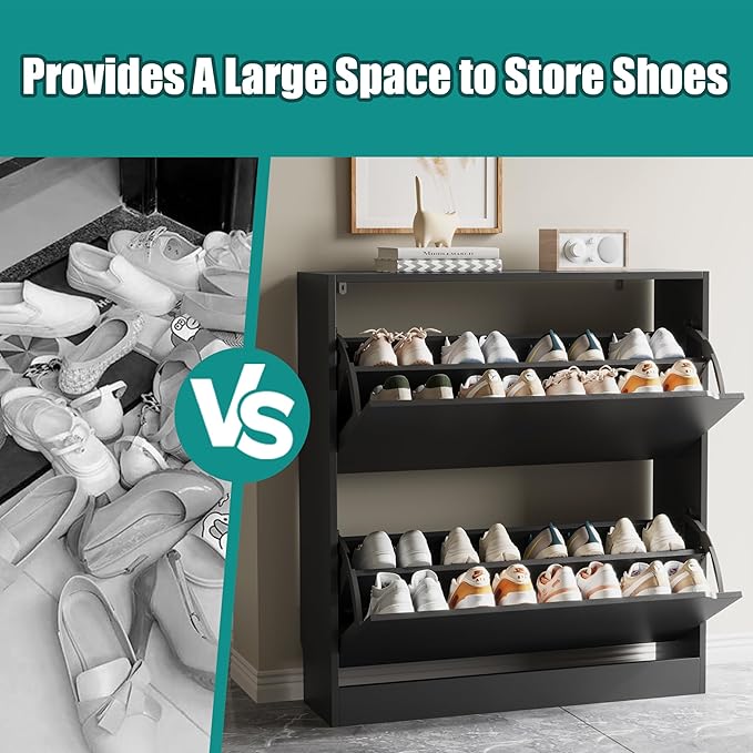 Shoe Storage Cabinet for Entryway with 2 Flip Drawers, Wood Freestanding Hidden Shoe Storage, Sturdy Narrow Slim Shoe Organizer for Front Door Entrance, Living Room, Hallway, Bedroom, Black